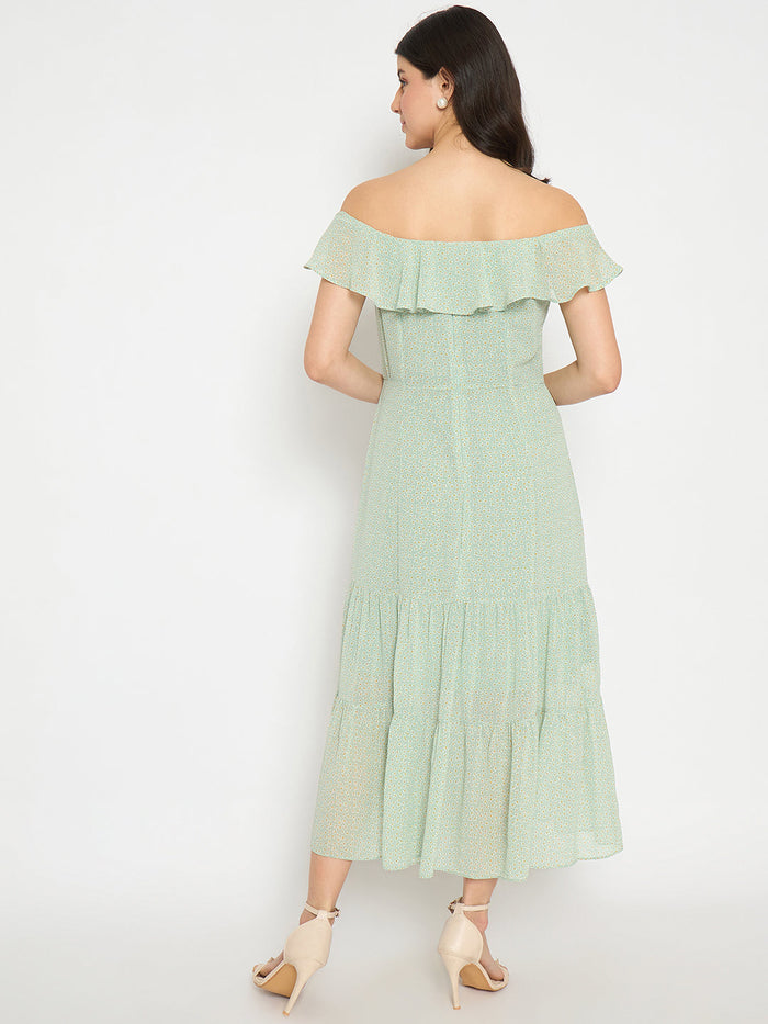 Madame Off Shoulder Solid Green Midi Dress