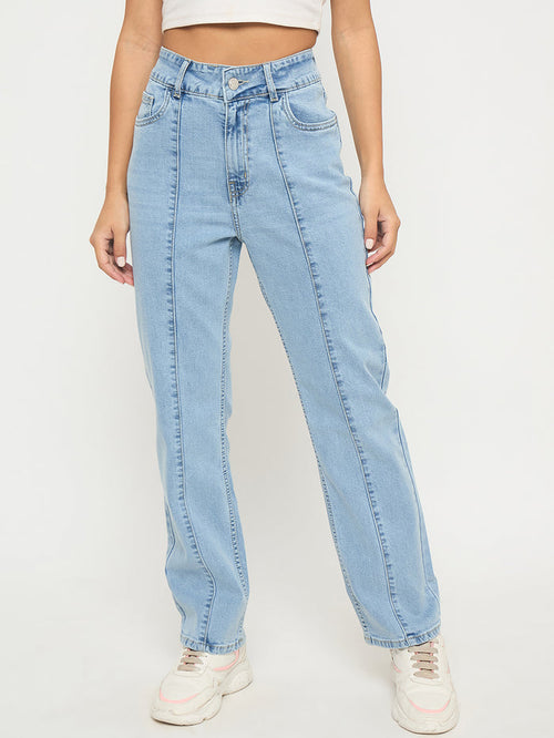 Madame Pintuck Detailed Bright Blue Cotton Blend Jeans