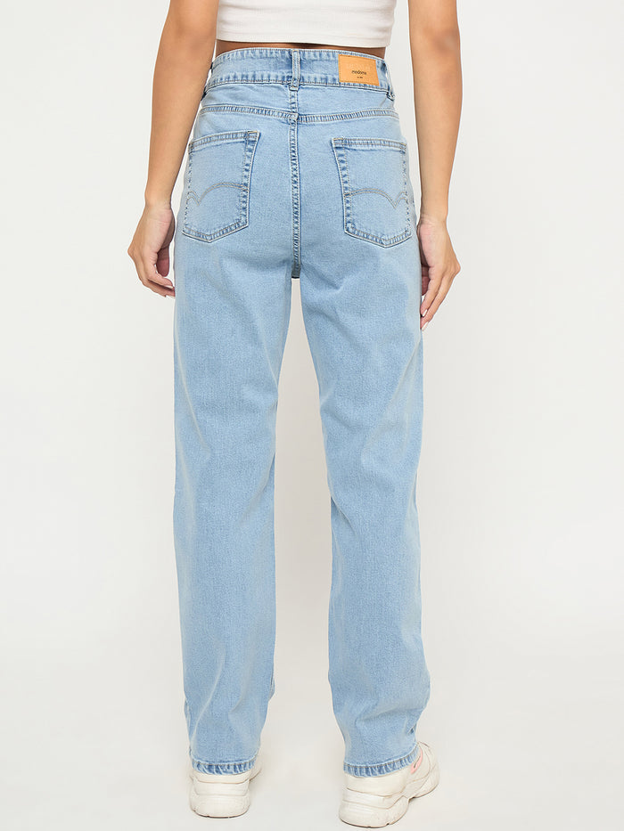 Madame Pintuck Detailed Bright Blue Cotton Blend Jeans