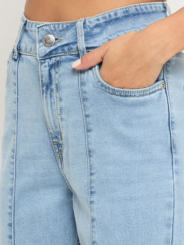 Madame Pintuck Detailed Bright Blue Cotton Blend Jeans