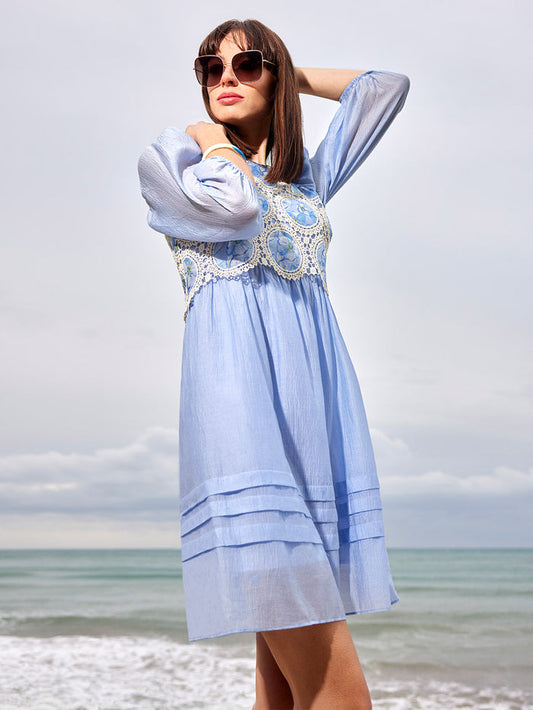 Madame Printed Powder Blue Tencel Blend Crochet Midi Dress