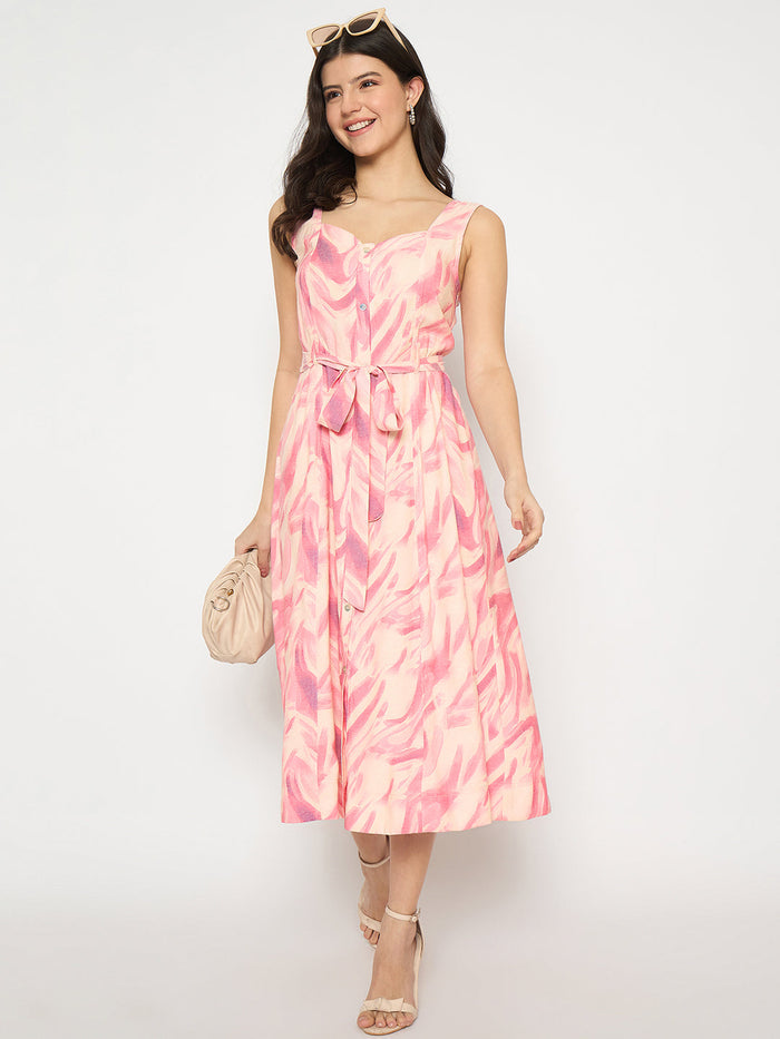 Madame Printed Sleeveless Pink Midi Dress