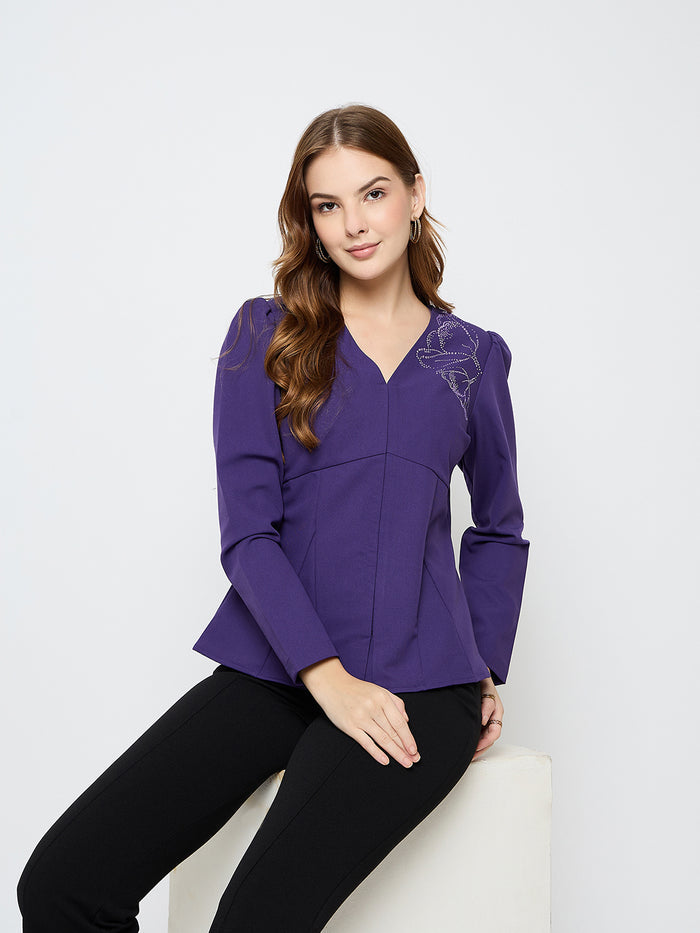 Madame Puffed Shoulders Peplum Waist Purple Top