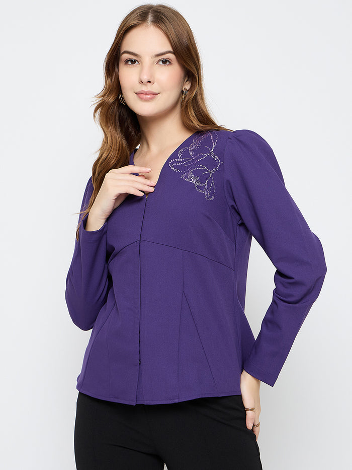 Madame Puffed Shoulders Peplum Waist Purple Top