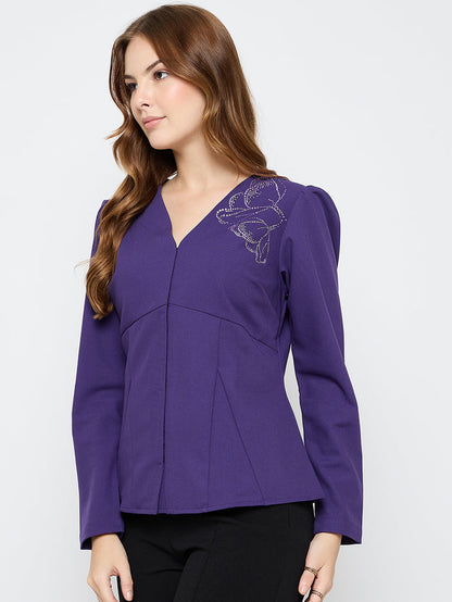 Madame Puffed Shoulders Peplum Waist Purple Top
