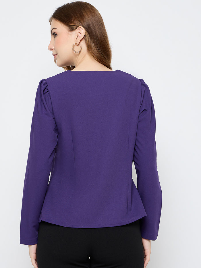 Madame Puffed Shoulders Peplum Waist Purple Top
