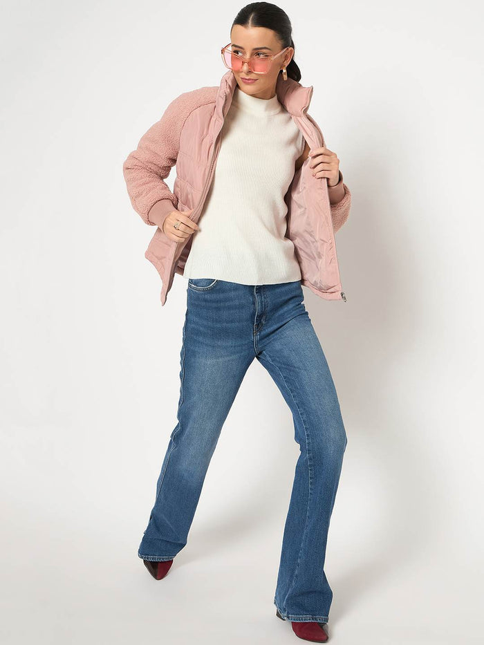 Madame Raglan Sleeved Quilted Dusty Pink Short Jacket