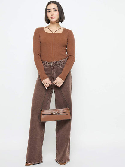 Madame Ribbed Knit Square Neck Coffee Brown Crop Top