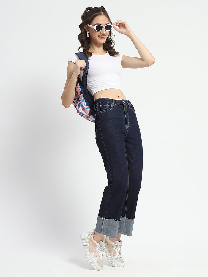 Madame Rolled Hem Straight Fit Solid Dark Blue Cotton Denim