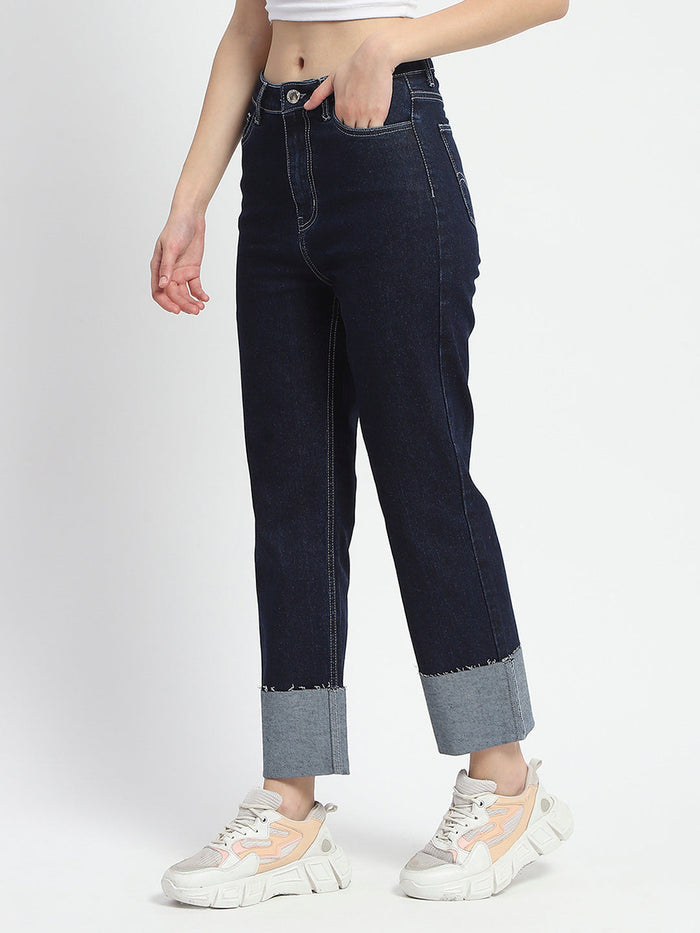 Madame Rolled Hem Straight Fit Solid Dark Blue Cotton Denim