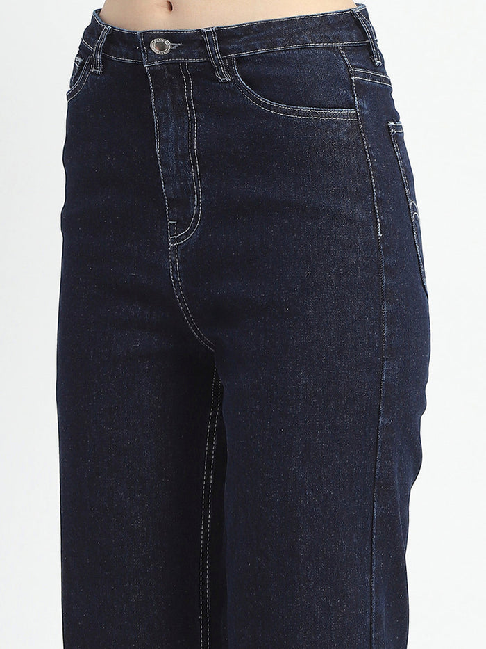 Madame Rolled Hem Straight Fit Solid Dark Blue Cotton Denim