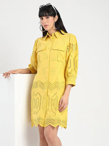 Madame Schiffli Mustard Yellow Midi Shirt Dress
