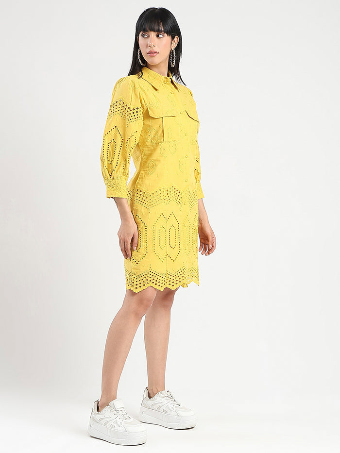 Madame Schiffli Mustard Yellow Midi Shirt Dress