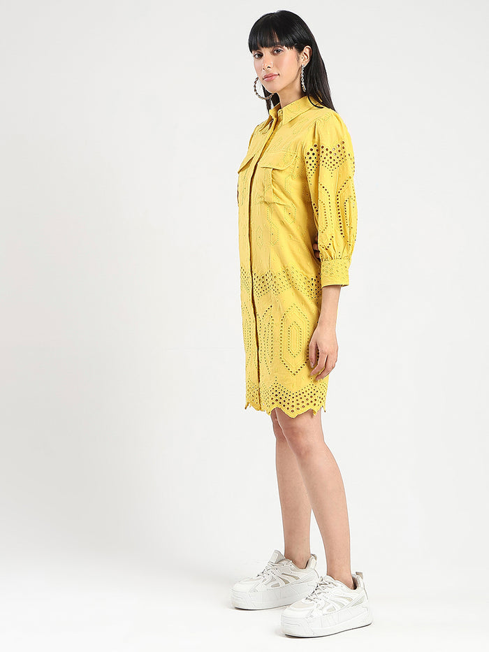 Madame Schiffli Mustard Yellow Midi Shirt Dress
