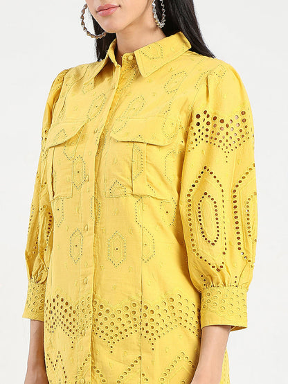 Madame Schiffli Mustard Yellow Midi Shirt Dress