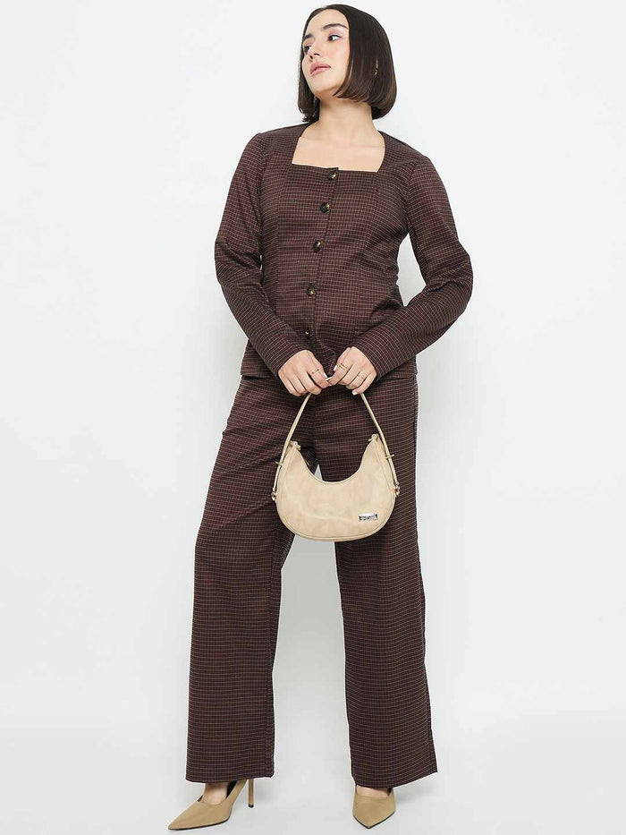 Madame Solid Button Down Brown Top