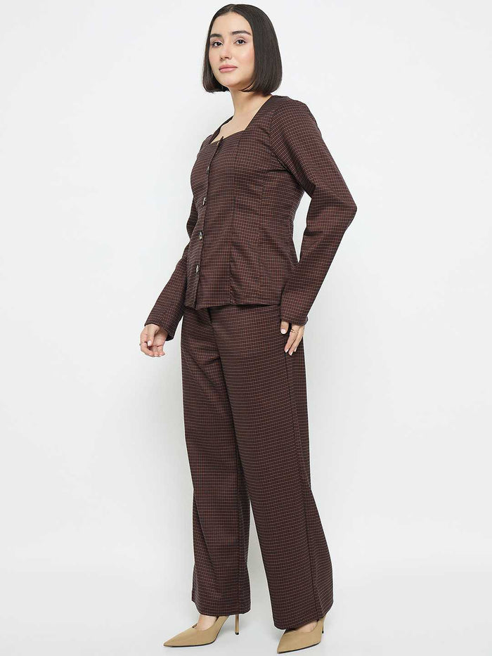Madame Solid Button Down Brown Top