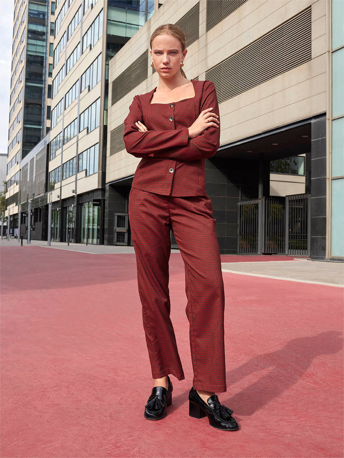 Madame Solid Button Down Red Top
