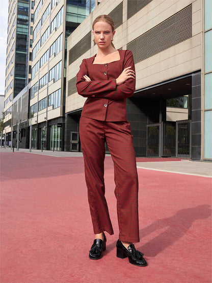 Madame Solid Button Down Red Top