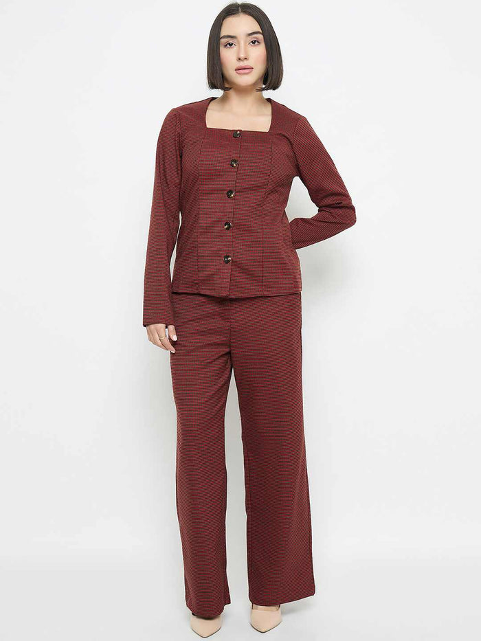 Madame Solid Button Down Red Top
