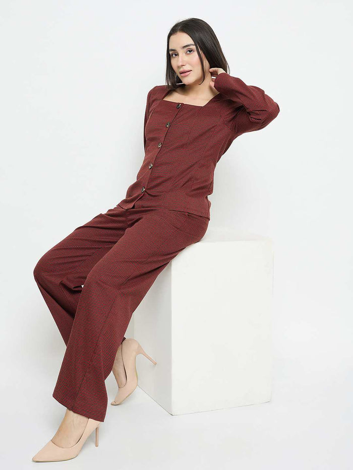 Madame Solid Button Down Red Top