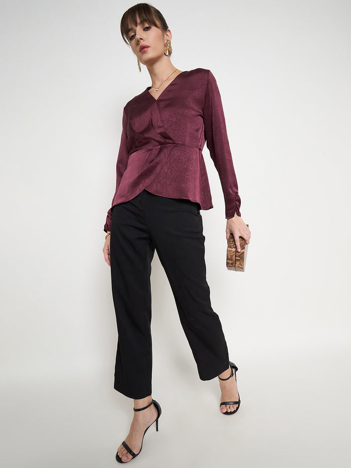 Madame Solid Maroon Overlap Asymmetrical Ruched Sleeve Satin Top
