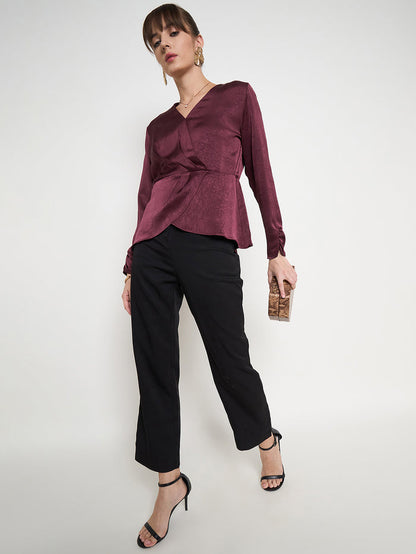 Madame Solid Maroon Overlap Asymmetrical Ruched Sleeve Satin Top