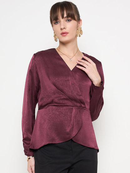 Madame Solid Maroon Overlap Asymmetrical Ruched Sleeve Satin Top