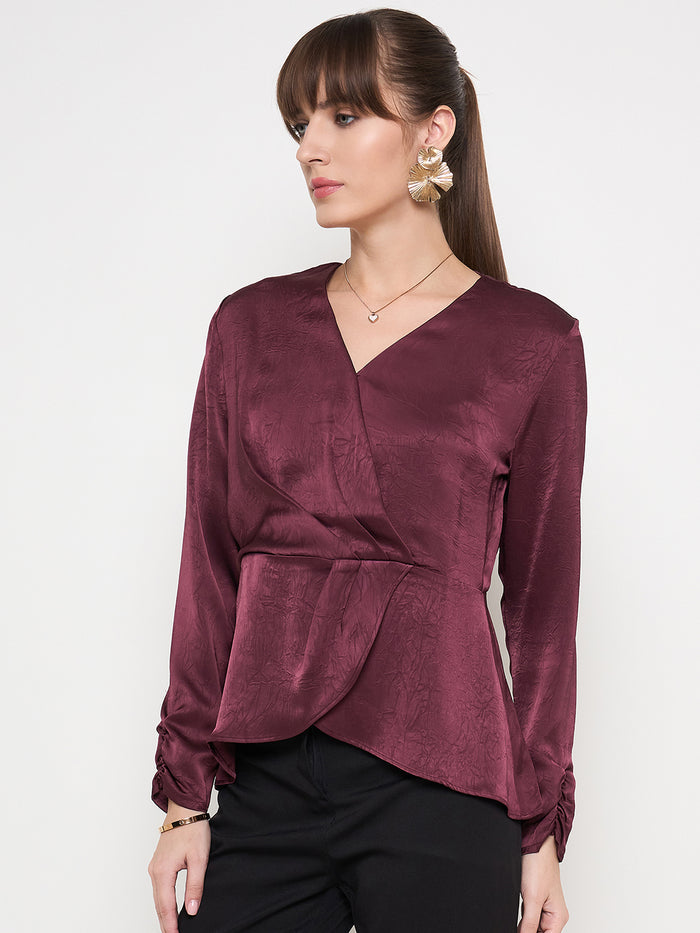 Madame Solid Maroon Overlap Asymmetrical Ruched Sleeve Satin Top
