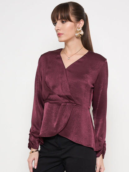 Madame Solid Maroon Overlap Asymmetrical Ruched Sleeve Satin Top