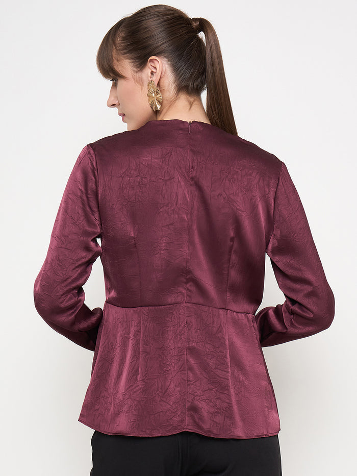 Madame Solid Maroon Overlap Asymmetrical Ruched Sleeve Satin Top
