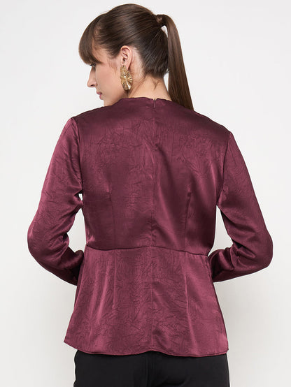 Madame Solid Maroon Overlap Asymmetrical Ruched Sleeve Satin Top