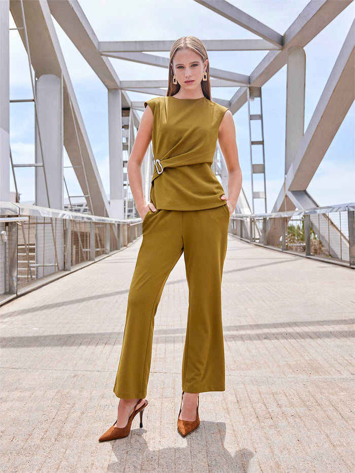 Madame Solid Olive Top with  Buckle Accent