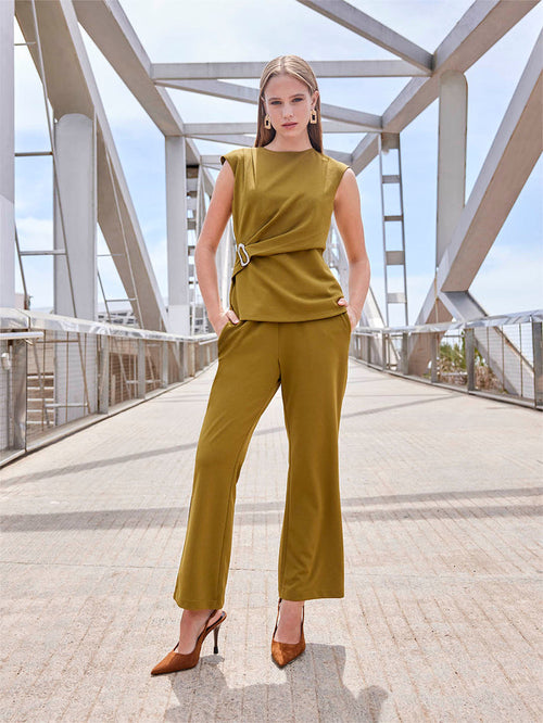 Madame Solid Olive Top with  Buckle Accent