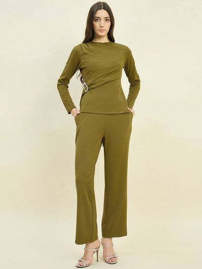 Madame Solid Olive Top with  Buckle Accent