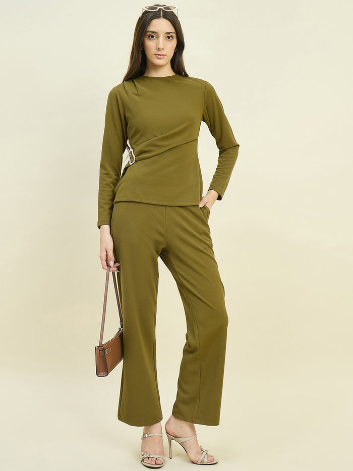 Madame Solid Olive Top with  Buckle Accent