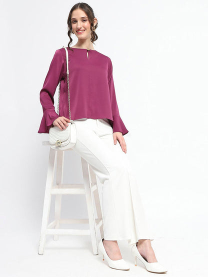 Madame Solid Plum Ruffle Sleeve Satin Top