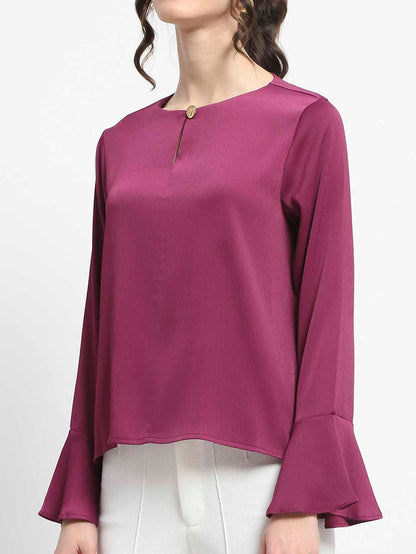 Madame Solid Plum Ruffle Sleeve Satin Top