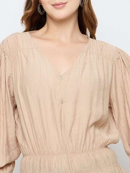 Madame Solid Rayon Blend Beige Peplum Top