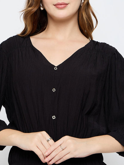 Madame Solid Rayon Blend Black Peplum Top