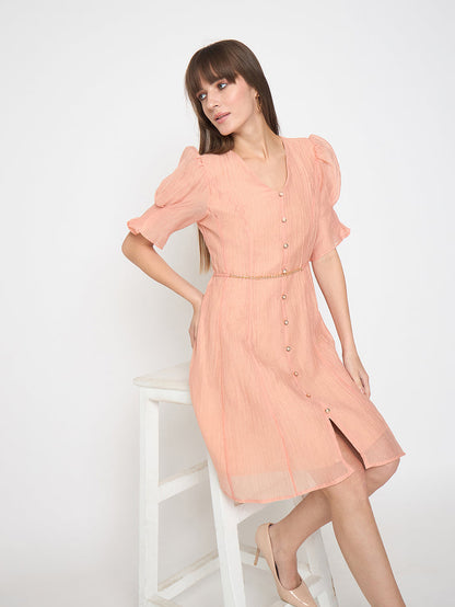 Madame Textured Belted Peach Mini A Line Dress