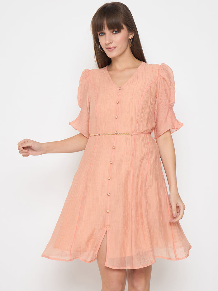 Madame Textured Belted Peach Mini A Line Dress