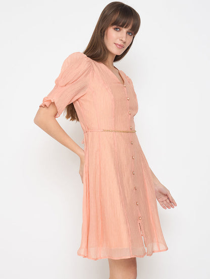 Madame Textured Belted Peach Mini A Line Dress
