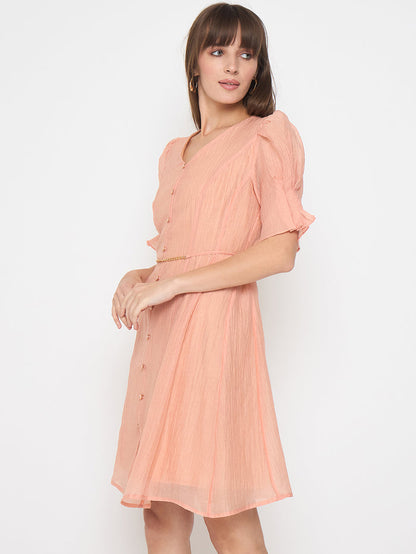 Madame Textured Belted Peach Mini A Line Dress