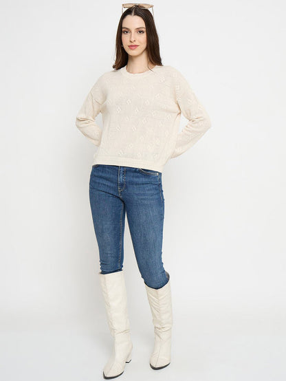 Madame Textured Knit Beige Pullover Sweater