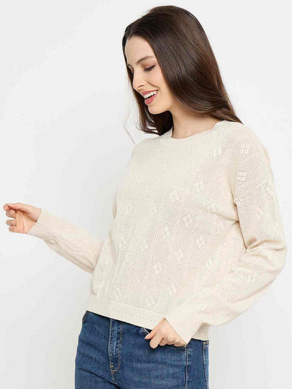 Madame Textured Knit Beige Pullover Sweater