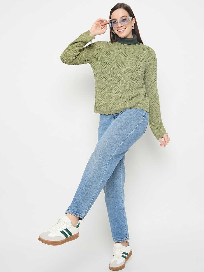 Madame Textured Scalloped Hem Green Knitted Top