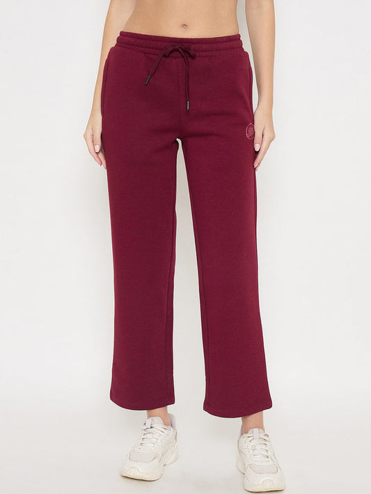 Madame Typography Print Wine Red Cotton Blend Track Bottoms