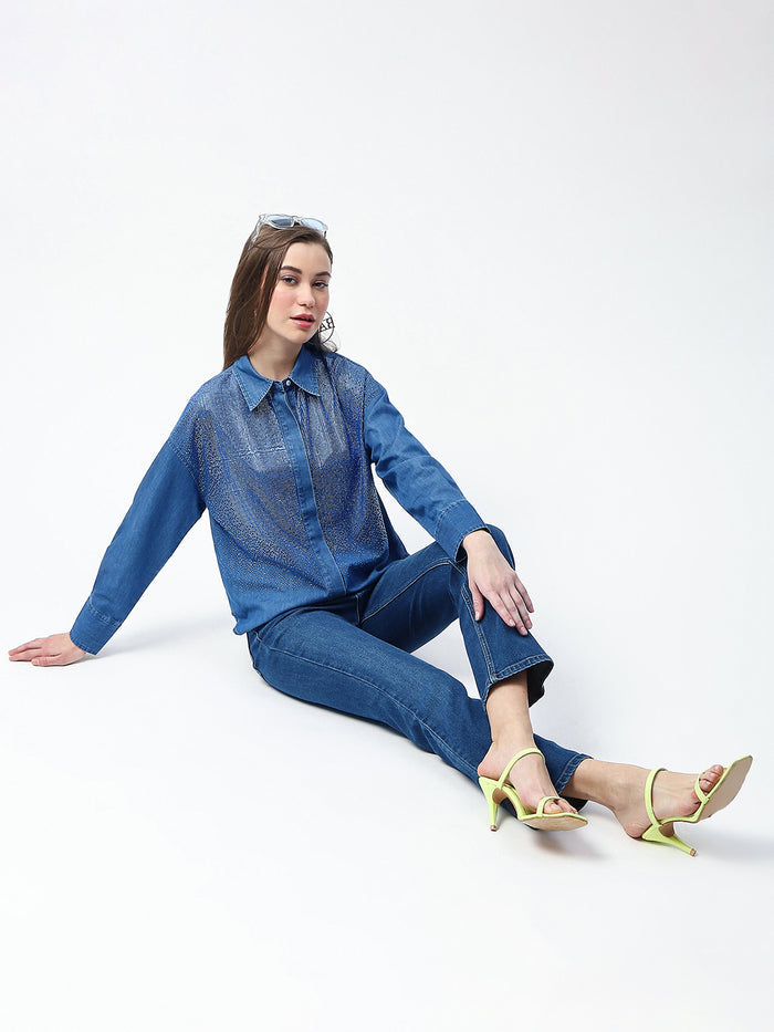 Madame Whiskered Straight Fit Dark Blue Cotton Blend Jeans