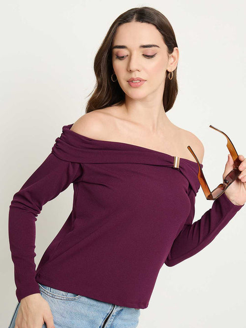 Madame Wine Red Ruched Off Shoulder Top